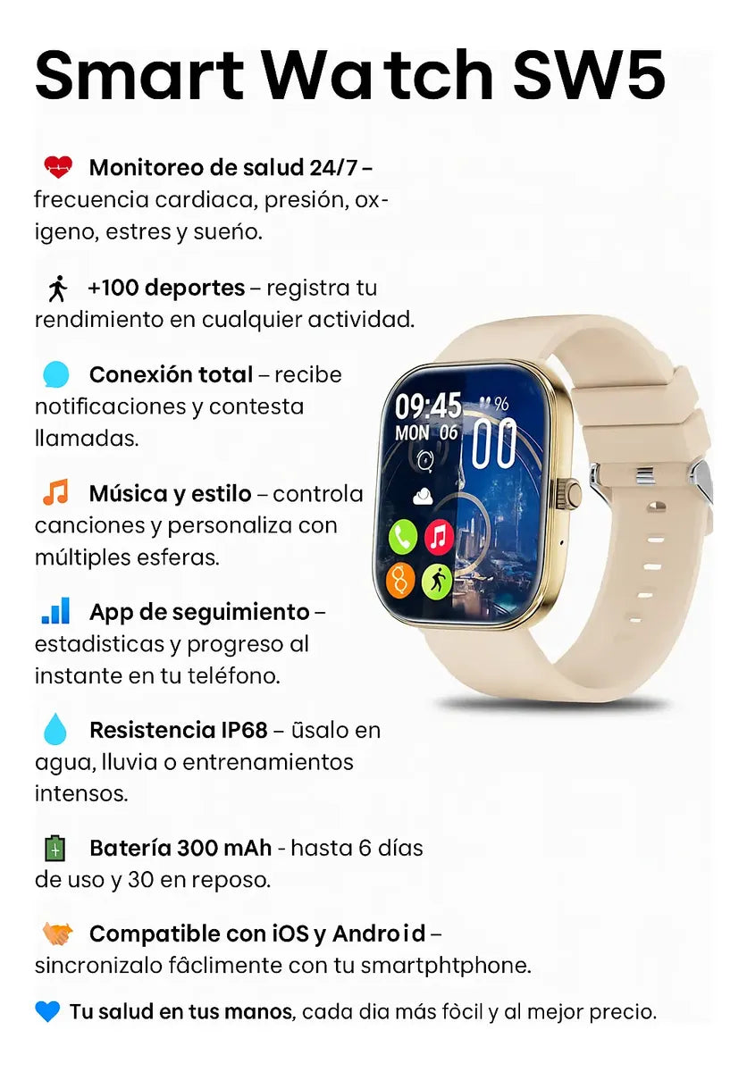 Smartwatch SWS5 IP68 — pantalla HD 2.01 sin bordes