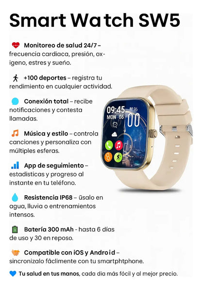 Smartwatch SWS5 IP68 — pantalla HD 2.01 sin bordes
