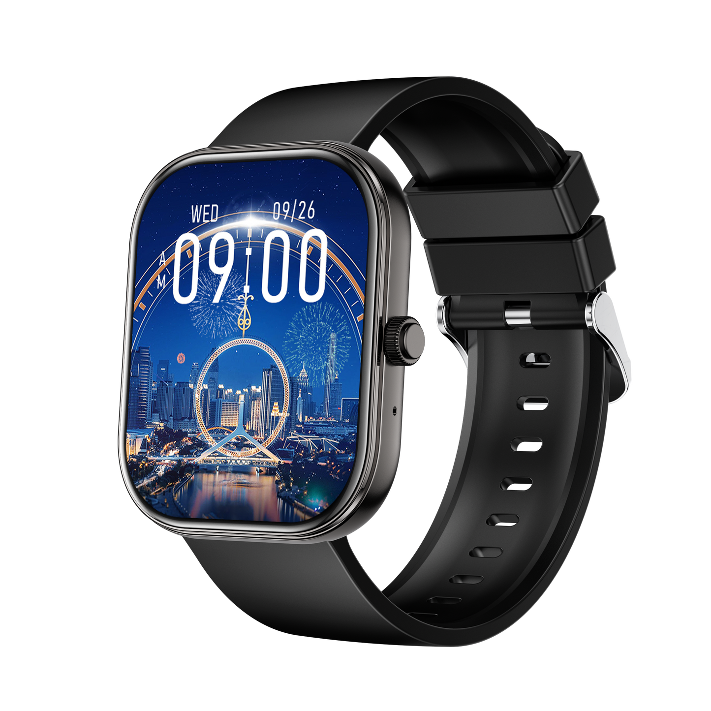 Smartwatch SWS5 negro con correa de silicona, vista frontal sobre fondo blanco