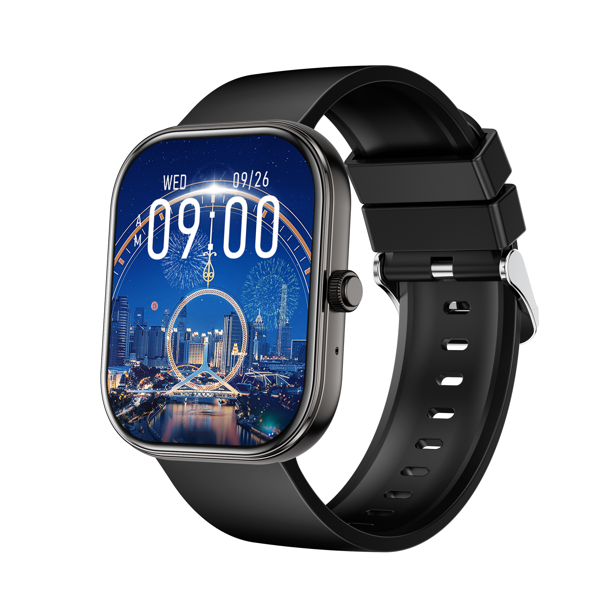 Smartwatch SWS5 negro con correa de silicona, vista frontal sobre fondo blanco